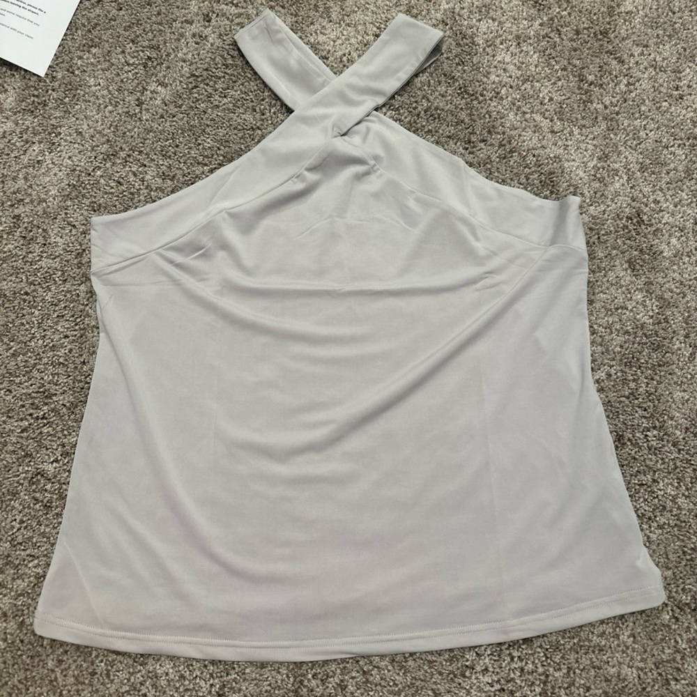 Halter, crisscrossed neck purple/grey/khaki color blouse.
